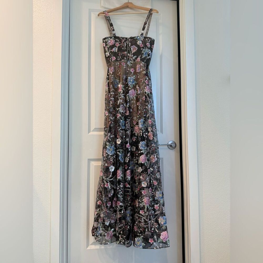 NWOT BRONX AND BANCO MIDNIGHT EMBROIDERED FLORAL GOWN, wedding guest max dress - Picture 12 of 16